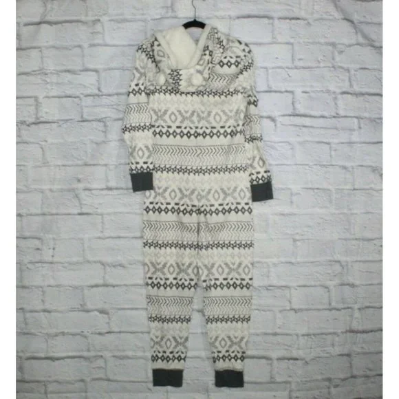 VICTORIA'S SECRET White Snowflakes Fleece Hooded Cozy Jumpsuit Size L - Picture 8 of 9